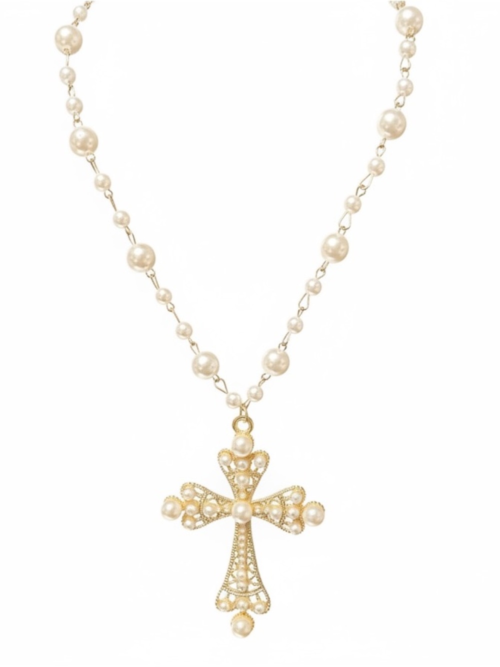 Gold-Tone Pearl Cross Pendant Necklace - Elegant Women Jewelry, NWOT - Picture 2 of 10